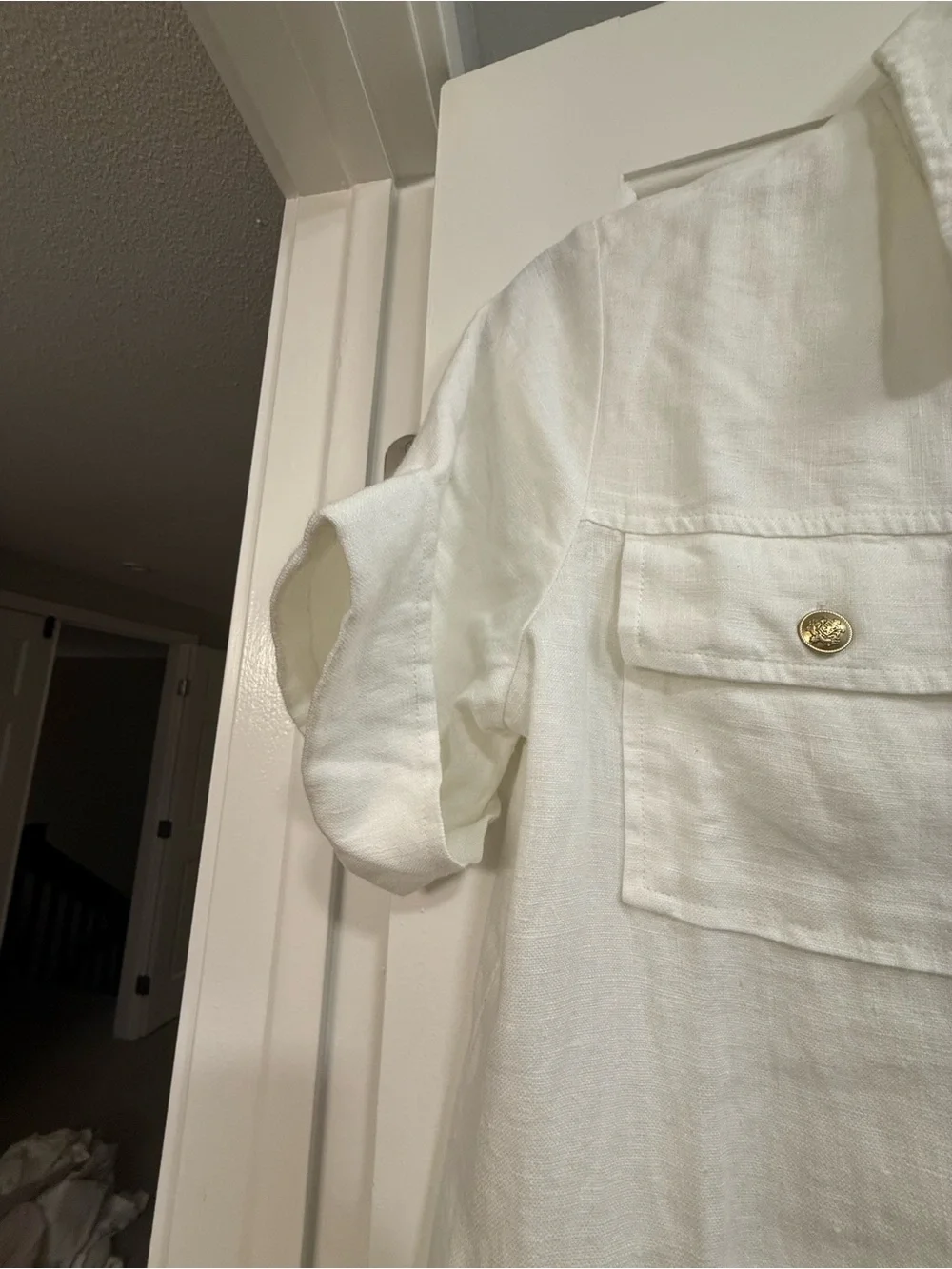 NWT J. Crew White Short-Sleeve Linen WhiteUtility Dress with Gold Buttons, Sz 10 - Picture 6 of 10